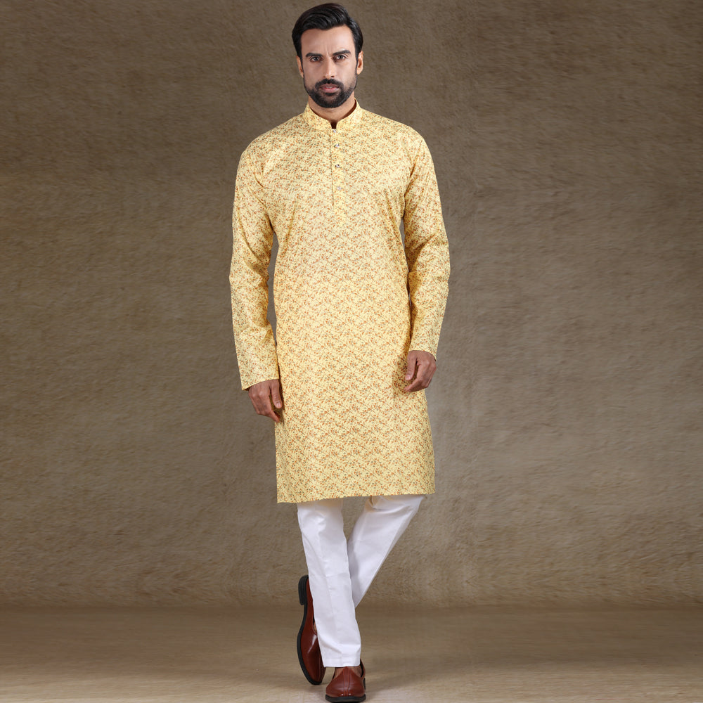 Ajay Arvindbhai Khatri Men's Cotton Printed Stylish kurta Yellow & White Colour