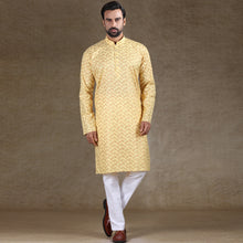 Load image into Gallery viewer, Ajay Arvindbhai Khatri Men&#39;s Cotton Flower Printed Stylish kurta Lemon Colour
