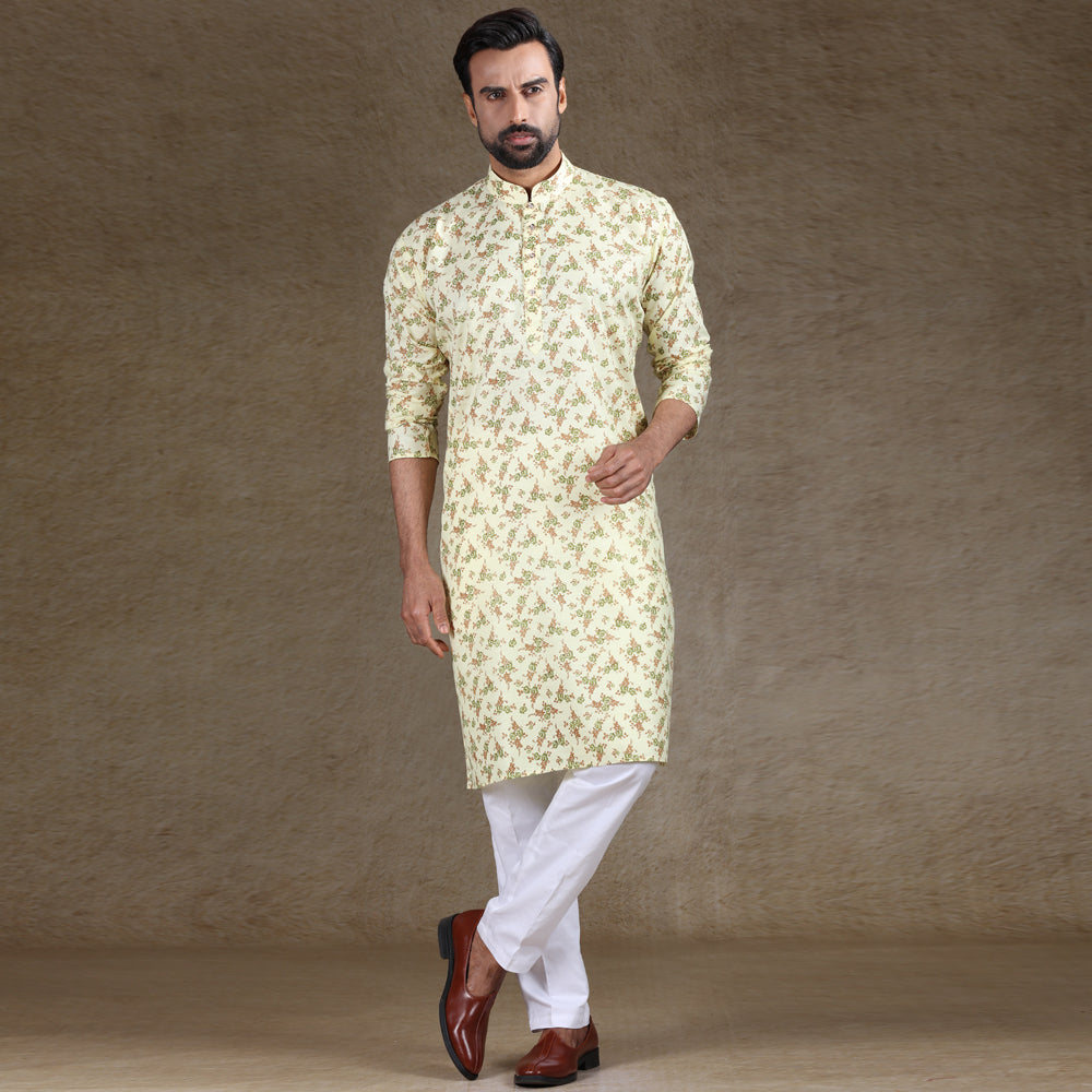 mens cotton printed lemon yellow colour kurta
