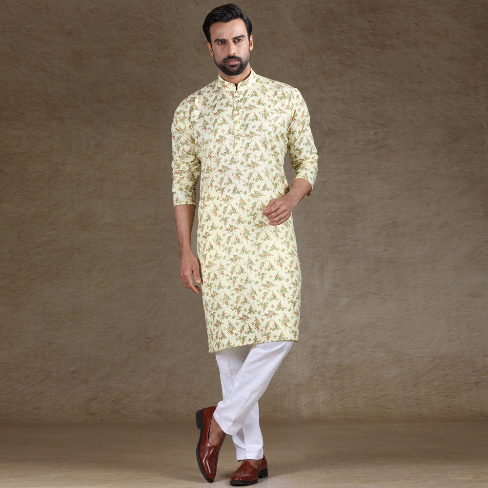 Ajay Arvindbhai Khatri Men's Cotton Printed Stylish kurta Lemon & White Colour