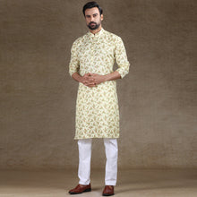 Load image into Gallery viewer, mens cotton printed lemon yellow colour kurta
