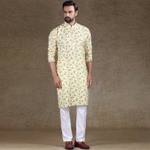 Load image into Gallery viewer, mens cotton printed lemon yellow colour kurta
