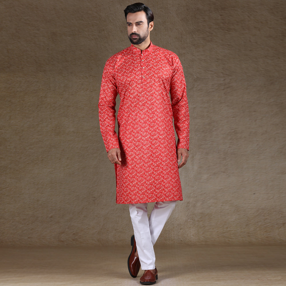 Ajay Arvindbhai Khatri Men's Cotton Flower Printed Stylish kurta Red Colour