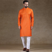 Load image into Gallery viewer, mens orange colour printed kurta
