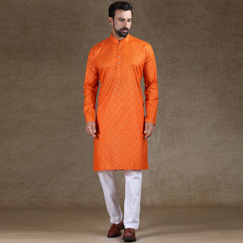 mens orange colour printed kurta