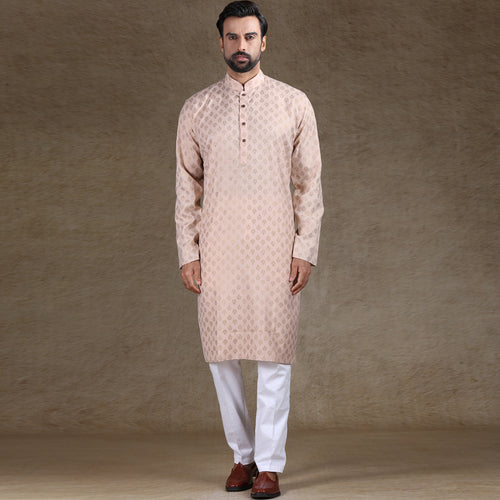 mens peach colour cotton printed kurta