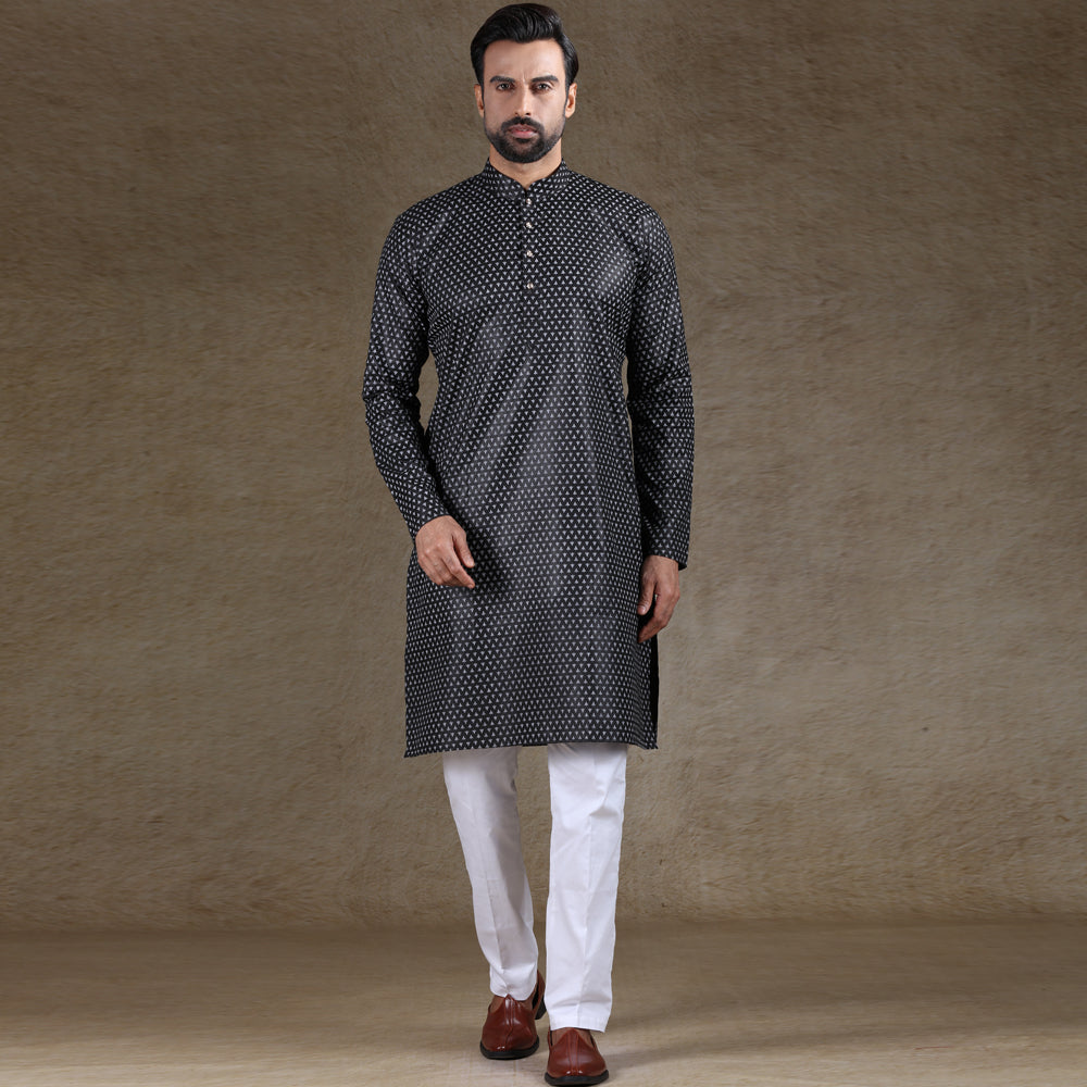 mens printed black colour kurta