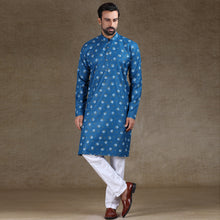Load image into Gallery viewer, Ajay Arvindbhai Khatri Men&#39;s Cotton Flower Printed Stylish kurta Blue Colour
