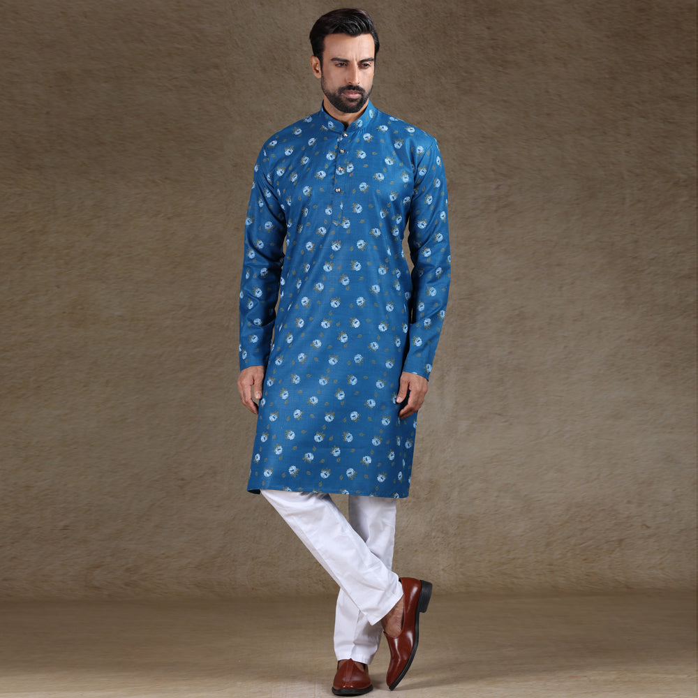 mens blue colour printed kurta