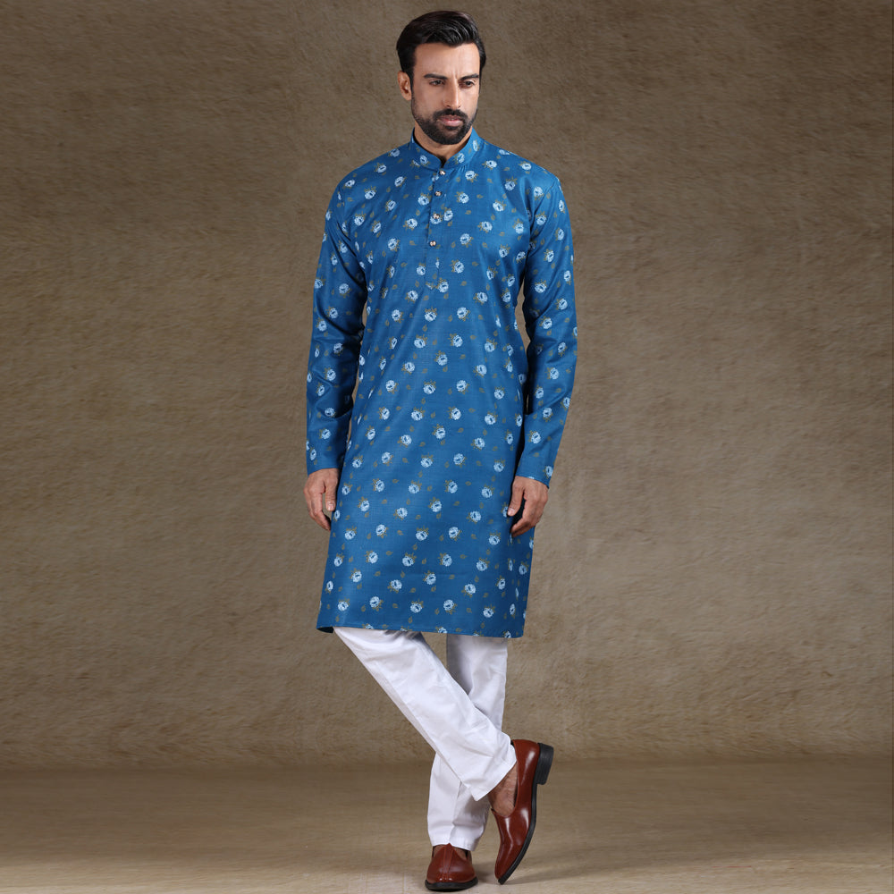 Ajay Arvindbhai Khatri Men's Cotton Flower Printed Stylish kurta Blue Colour