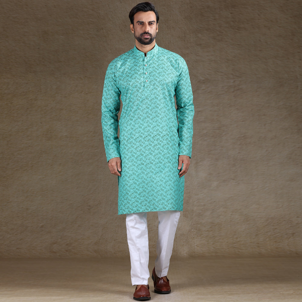 Ajay Arvindbhai Khatri Men's Cotton Flower Printed Stylish kurta Light Green Colour