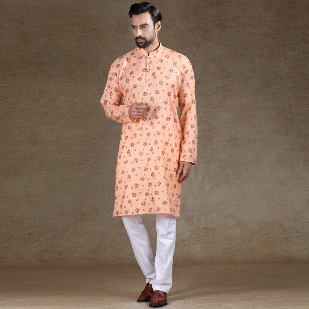 Ajay Arvindbhai Khatri Men's Cotton Flower Printed Stylish kurta Peach & Rust Colour