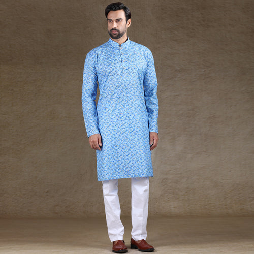 mens printed blue colour kurta