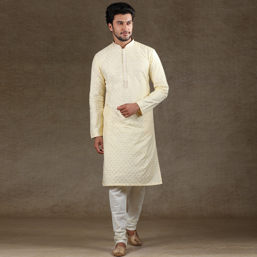 Ajay Arvindbhai Khatri Men's Cotton Kurta with Pyjama Set Cream Color