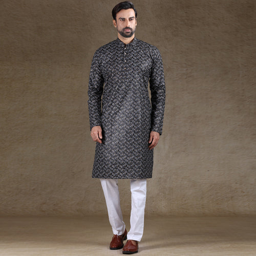 mens black colour printed kurta