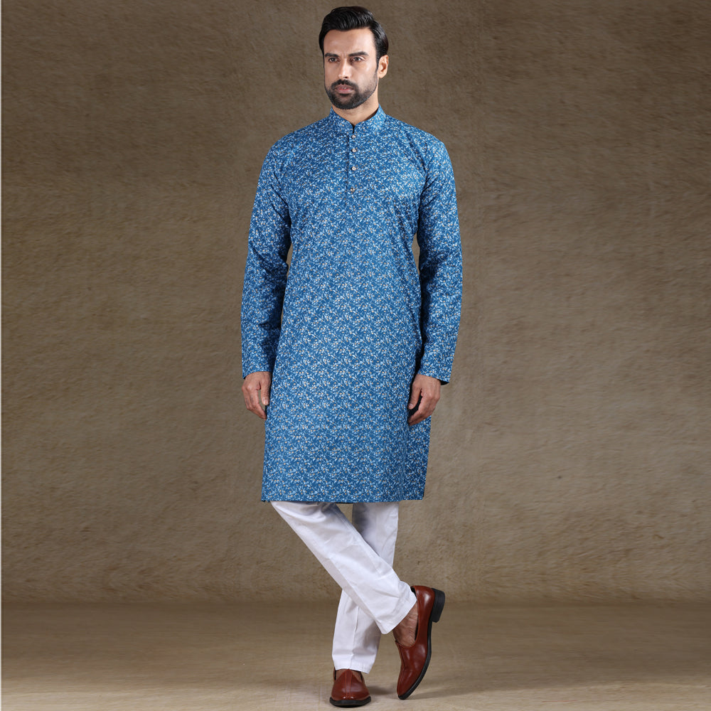 Ajay Arvindbhai Khatri Men's Cotton Flower Printed Stylish kurta Blue Colour