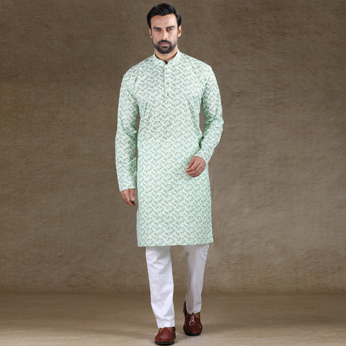 mens pista green colour printed kurta