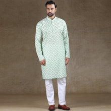 Load image into Gallery viewer, Ajay Arvindbhai Khatri Men&#39;s Cotton Flower Printed Stylish kurta Pista Colour
