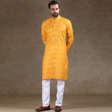 Load image into Gallery viewer, Ajay Arvindbhai Khatri Men&#39;s Cotton Flower Printed Stylish kurta Yellow Colour
