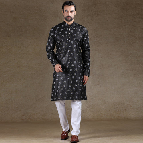 mens black colour printed kurta