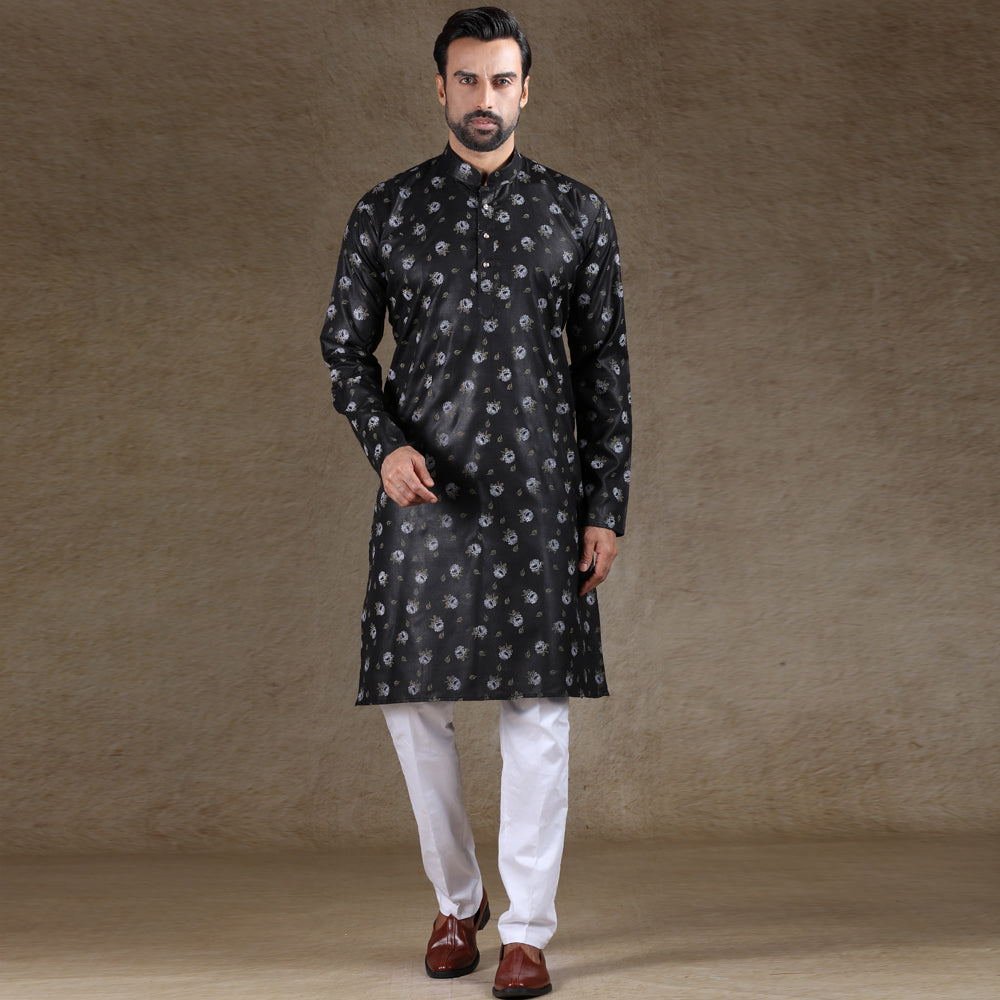 mens black colour printed kurta