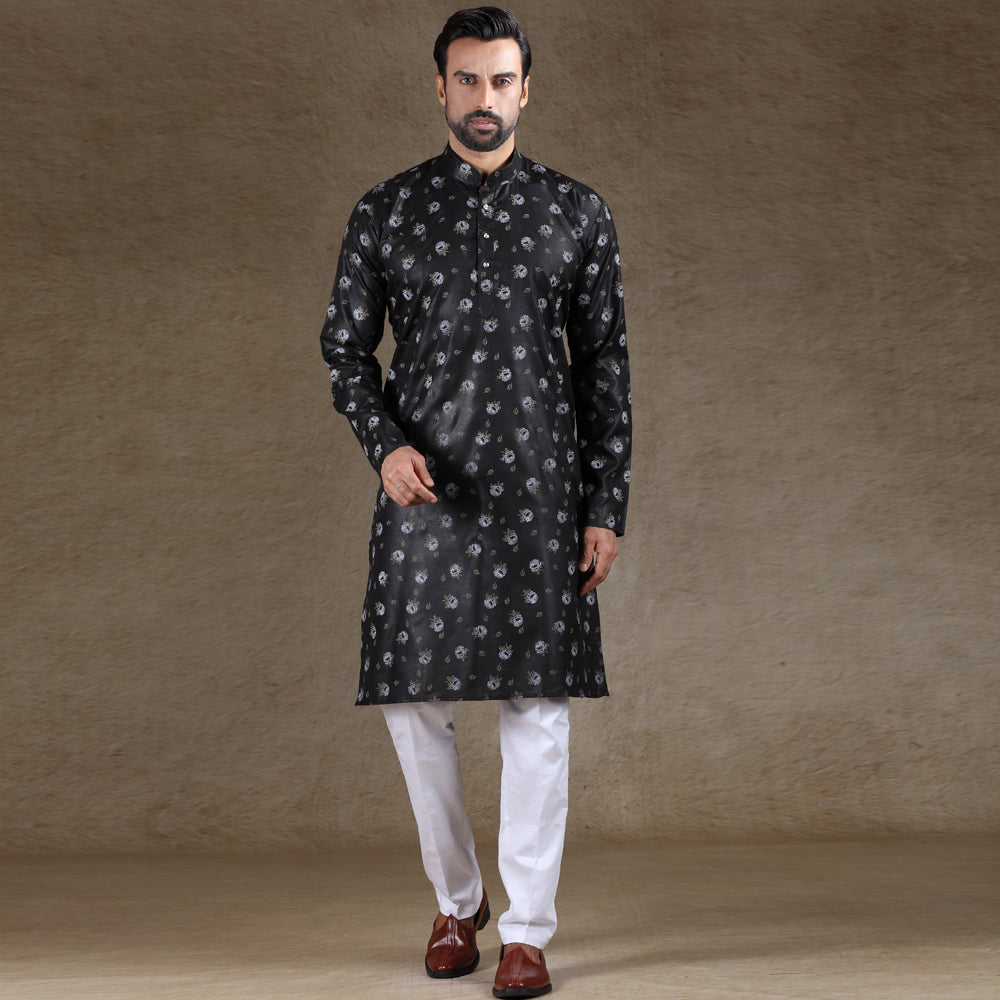 Ajay Arvindbhai Khatri Men's Cotton Flower Printed Stylish kurta Black Colour