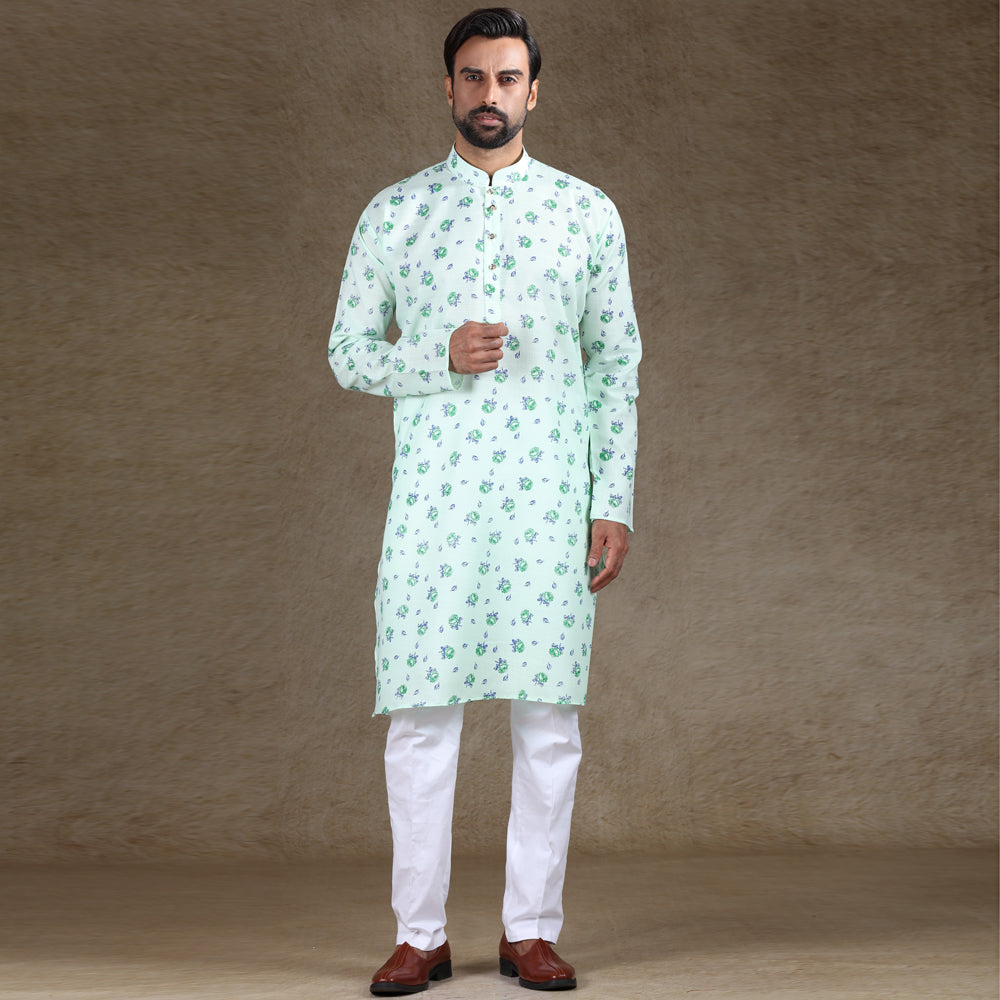 Ajay Arvindbhai Khatri Men's Cotton Flower Printed Stylish kurta Mint Green Colour
