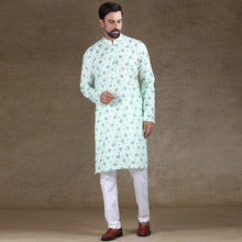 Load image into Gallery viewer, Ajay Arvindbhai Khatri Men&#39;s Cotton Flower Printed Stylish kurta Mint Green Colour
