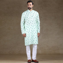 Load image into Gallery viewer, Ajay Arvindbhai Khatri Men&#39;s Cotton Flower Printed Stylish kurta Mint Green Colour
