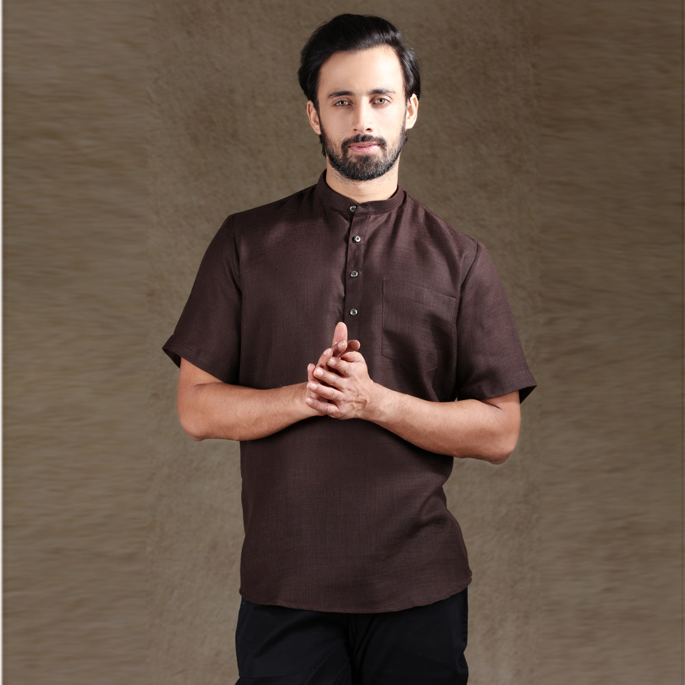 Ajay Arvindbhai Khatri Men's Brown Half Sleeve Cotton Short Kurta With Pocket