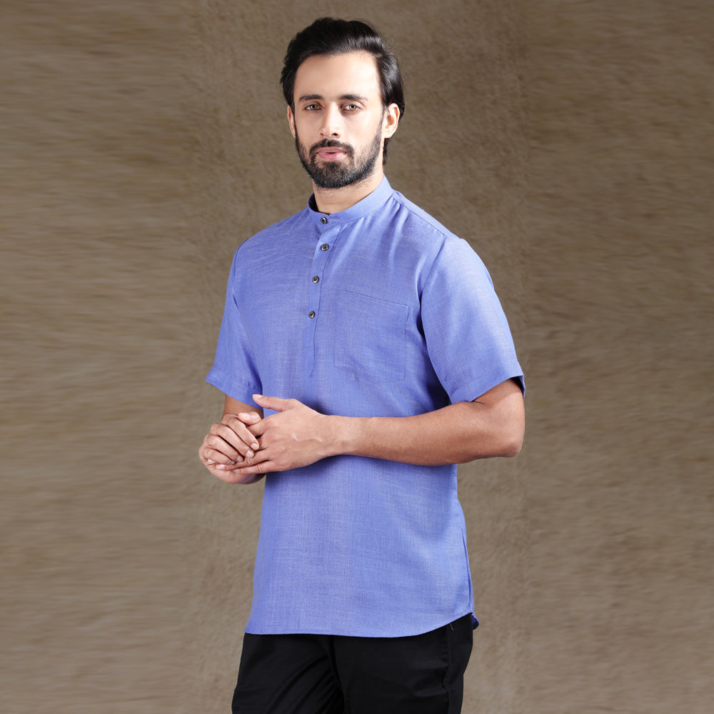 Ajay Arvindbhai Khatri Men's Sky Blue Half Sleeve Cotton Short Kurta With Pocket