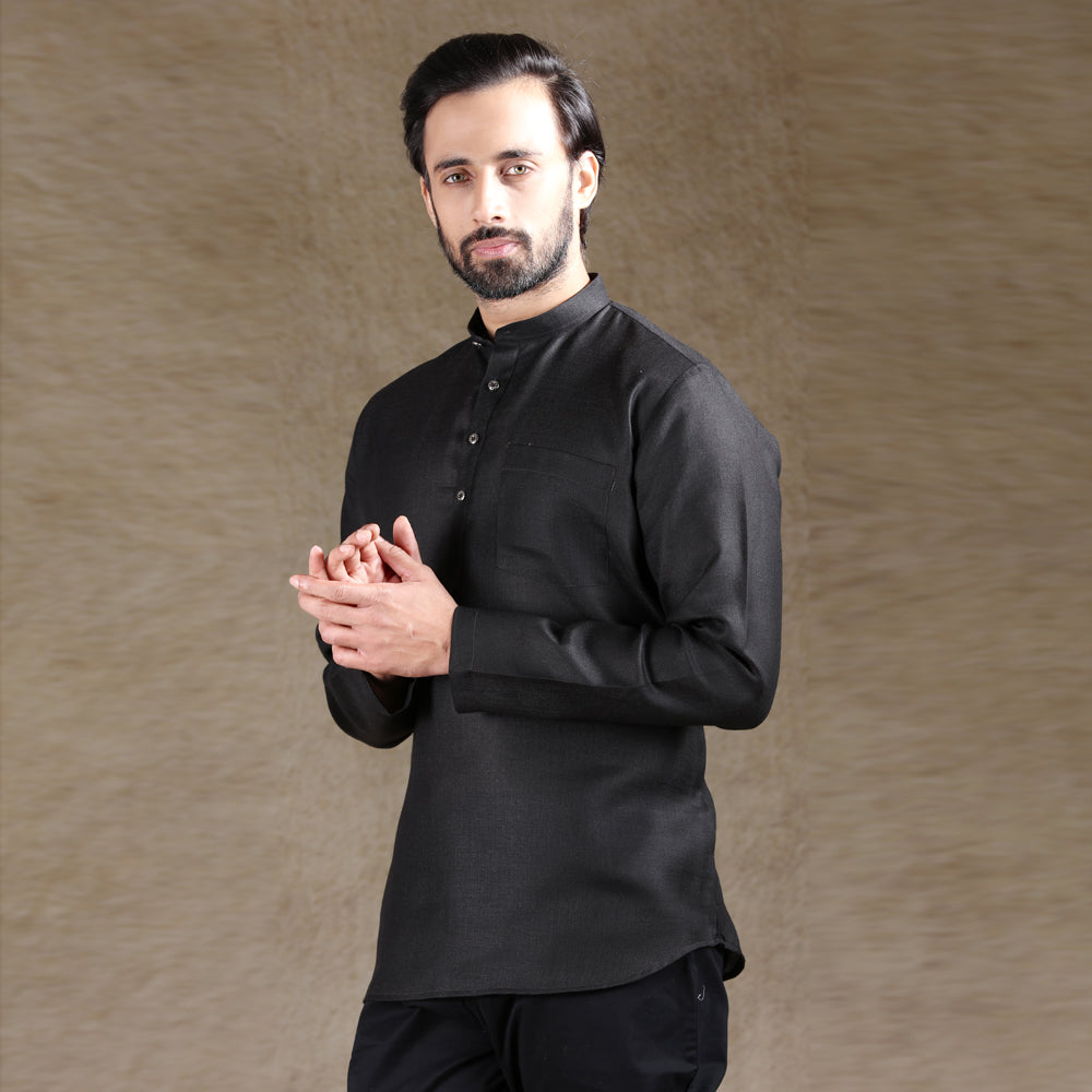 Ajay Arvindbhai Khatri Men's Black Full Sleeve Cotton Short Kurta With Pocket