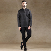 Load image into Gallery viewer, Ajay Arvindbhai Khatri Men&#39;s Black Full Sleeve Cotton Short Kurta With Pocket
