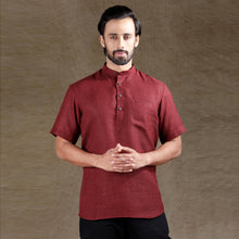 Load image into Gallery viewer, Ajay Arvindbhai Khatri Men&#39;s Maroon Half Sleeve Cotton Short Kurta With Pocket
