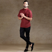 Load image into Gallery viewer, Ajay Arvindbhai Khatri Men&#39;s Maroon Half Sleeve Cotton Short Kurta With Pocket
