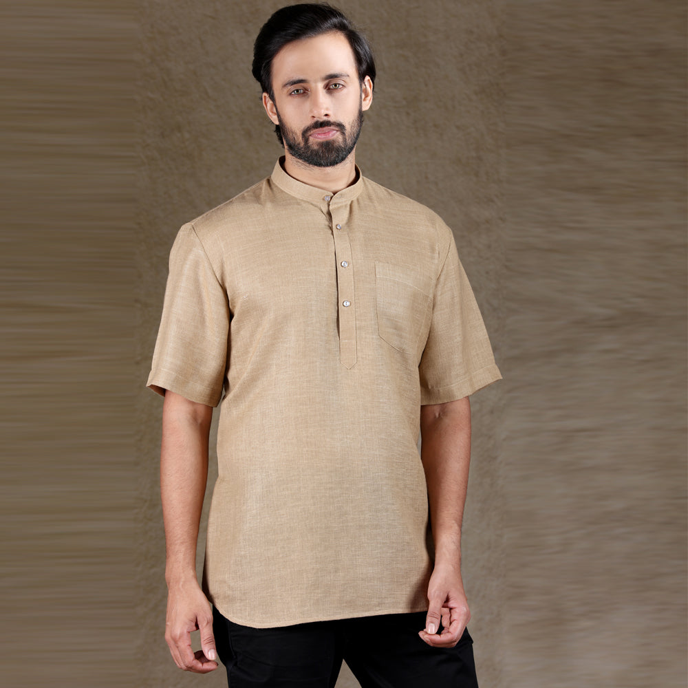Ajay Arvindbhai Khatri Men's Khaki Half Sleeve Cotton Short Kurta With Pocket