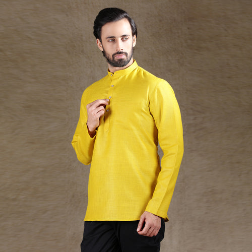 mens yellow color cotton short kurta