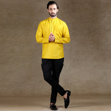 Load image into Gallery viewer, Ajay Arvindbhai Khatri Men&#39;s Yellow Full Sleeve Cotton Short Kurta With Pocket
