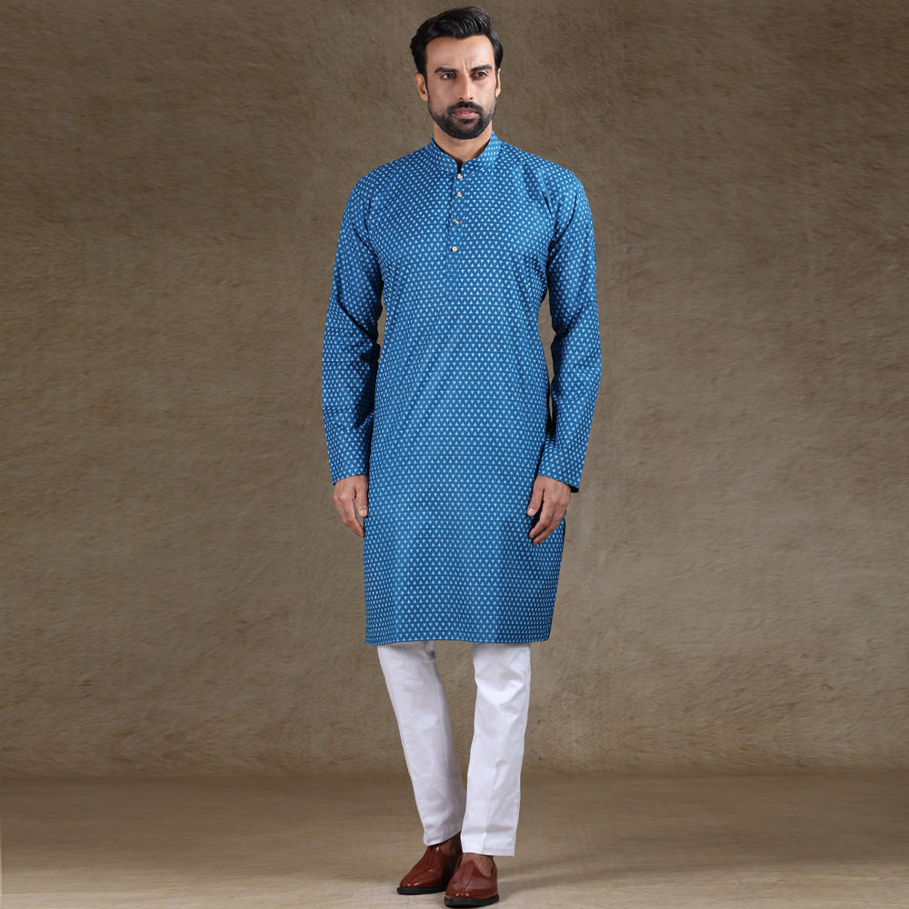 Ajay Arvindbhai Khatri Men's Cotton Flower Printed Stylish kurta Royal Blue Colour