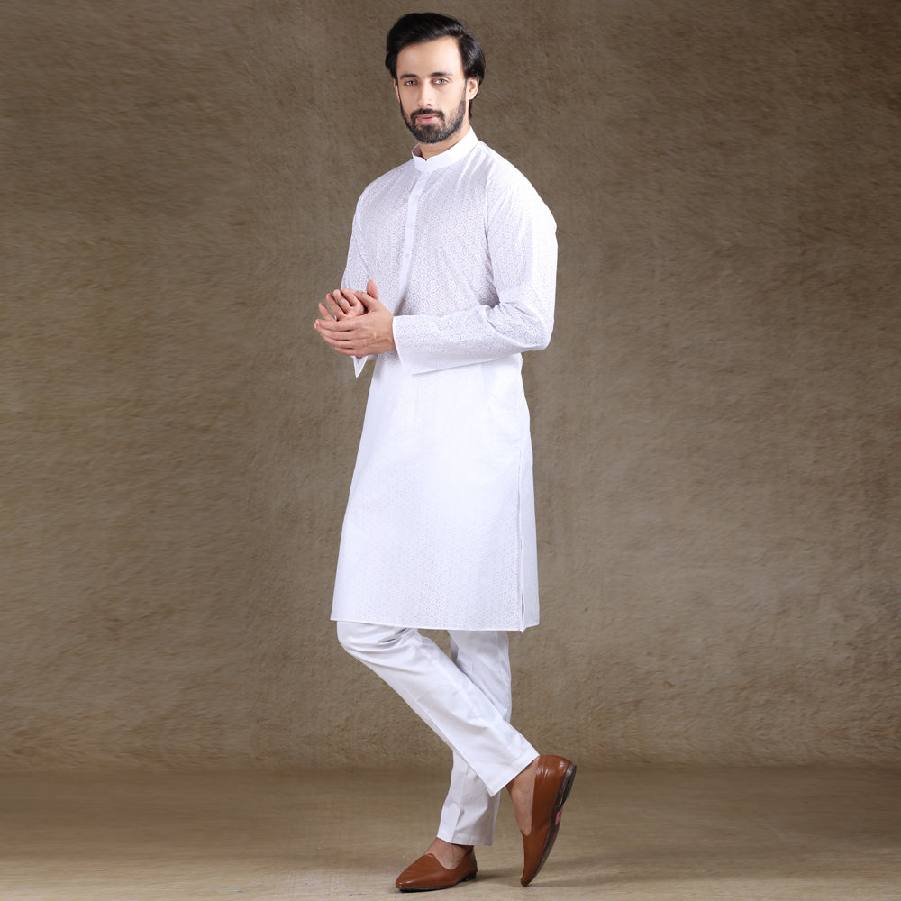 Sophisticated White Modal Chikankari Kurta With Blue Denim Pants - Ada  Boutique