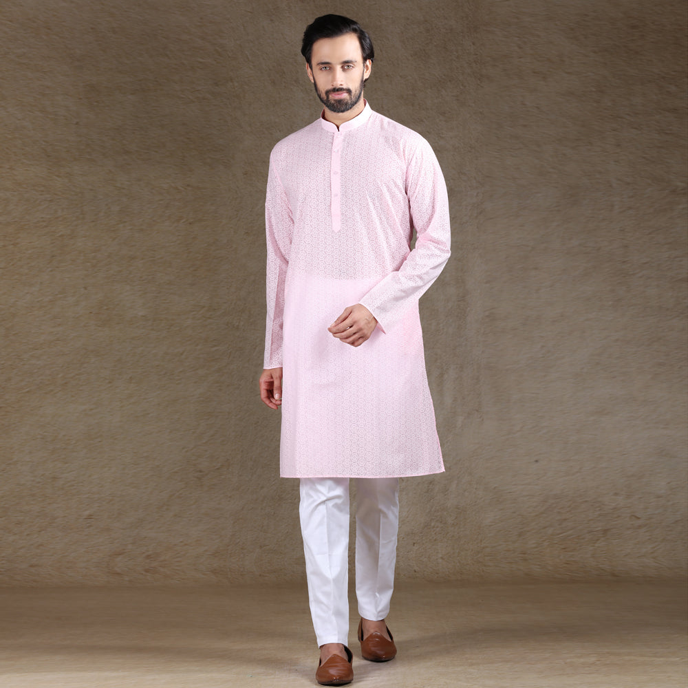 Ajay Arvindbhai Khatri Men's Regular Brasso Design Kurta Pink