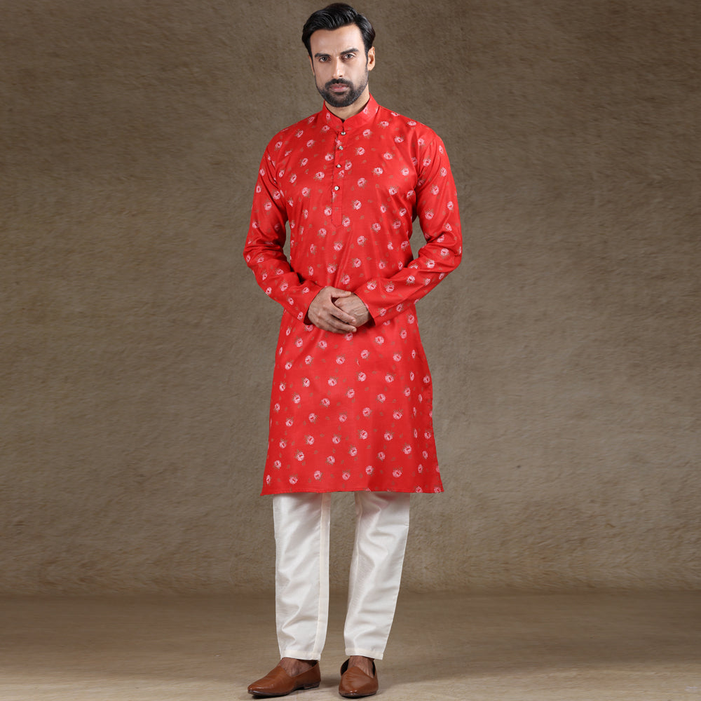 mens printed red colour kurta