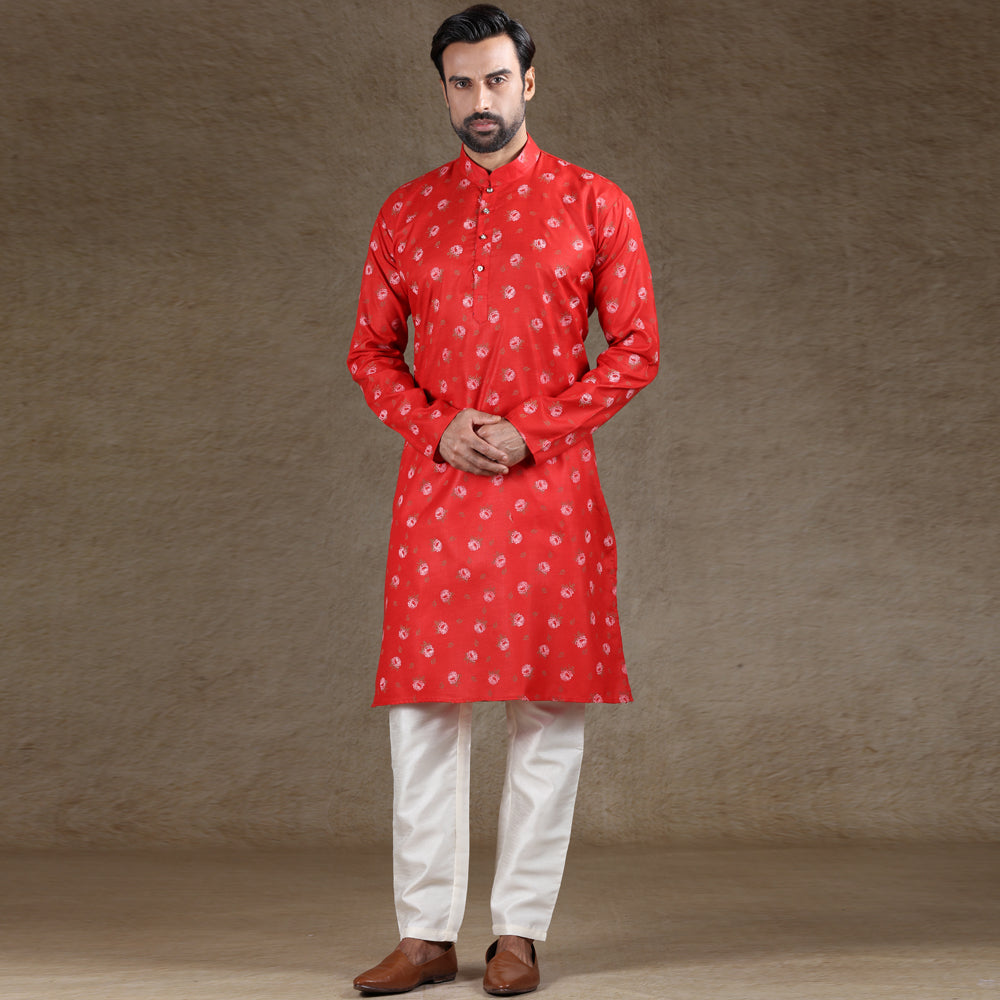 Ajay Arvindbhai Khatri Men's Cotton Flower Printed Stylish kurta Red Colour