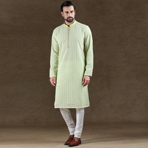 mens embroidered pista green colour kurta pajama set