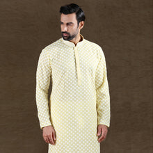 Load image into Gallery viewer, Ajay Arvindbhai Khatri Men&#39;s Chikankari Embroidered Silk Kurta with Pyjama Set Lemon Color
