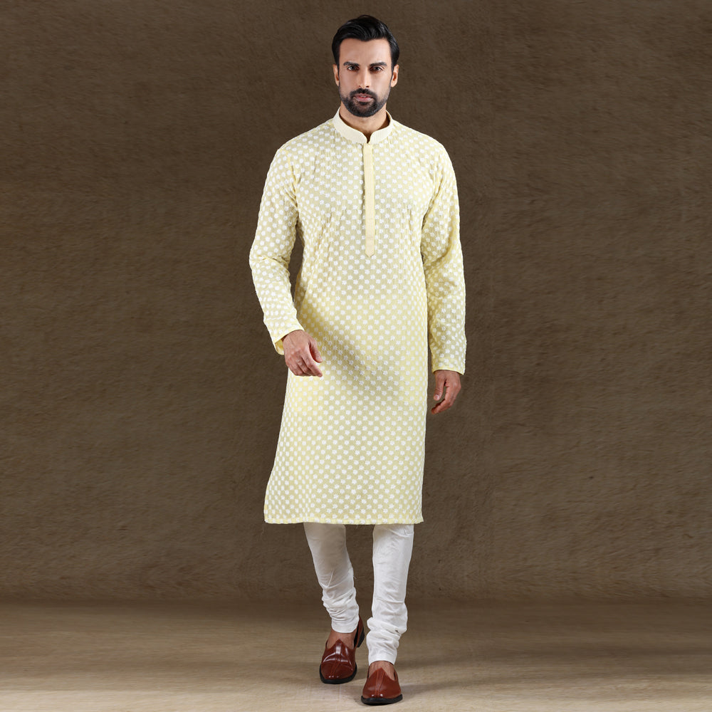 Ajay Arvindbhai Khatri Men's Chikankari Embroidered Silk Kurta with Pyjama Set Lemon Color