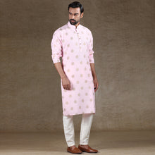 Load image into Gallery viewer, Ajay Arvindbhai Khatri Men&#39;s Cotton Flower Printed Stylish kurta Golden Pink Colour
