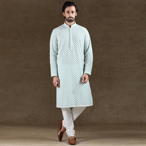 mens pista green colour embroidered kurta pajama set