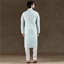Load image into Gallery viewer, Ajay Arvindbhai Khatri Men&#39;s Chikankari Embroidered Cotton Kurta with Pyjama Set Pista Color
