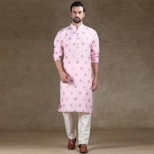 Load image into Gallery viewer, Ajay Arvindbhai Khatri Men&#39;s Cotton Flower Printed Stylish kurta Golden Pink Colour
